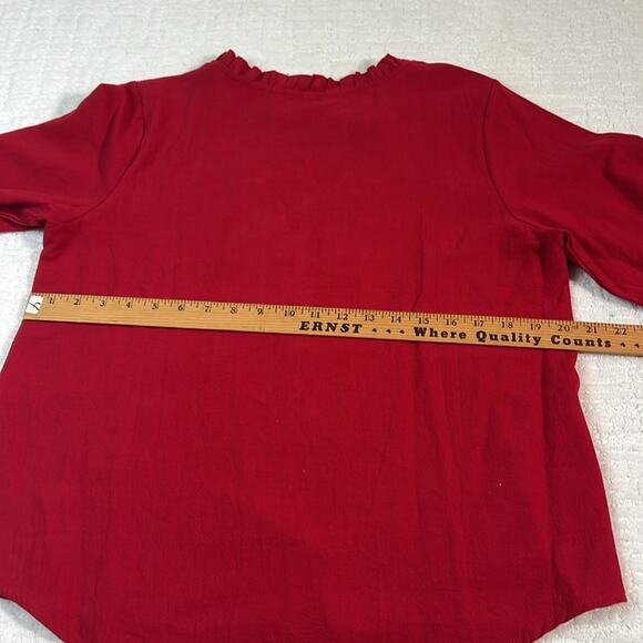 New! Komili romantic red embroidered ruffle neck puff sleeves feminine top L - Picture 9 of 9